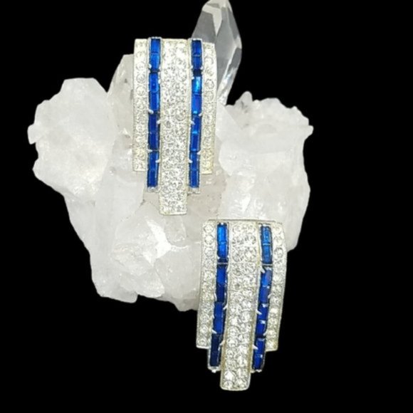 Antique Art Deco Pair Sapphire Rhinestone Architectural Dress Clips - Picture 4 of 6